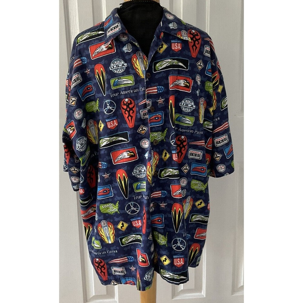 D'EM CRAZY Men's Hawaiian Motorcycle Biker Shirt Medium Short Sleeve Aloha Blue